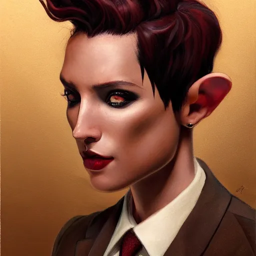 Image similar to portrait of a beautiful nonbinary actor with dark tan skin and messy short red hair wearing a men's suit, she has elf ears and gold eyes, by Gerald Brom and Ross Tran, trending on artstation
