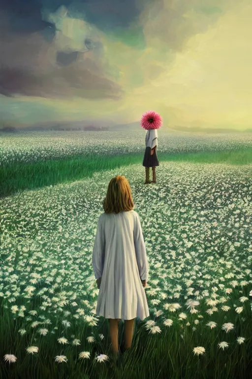 Prompt: veil of giant white daisy flower as head, girl standing in a flower field, surreal photography, sunrise, dramatic light, impressionist painting, colorful clouds, digital painting, artstation, simon stalenhag
