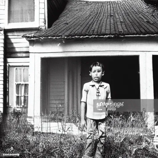 Image similar to alien in grandmother's village is photographed against the background of an old house, top secret style photo, 7 0 s