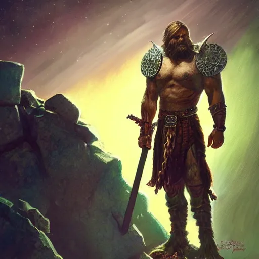 Image similar to photoreal full body of a hulking viking warrior in scifi armour on a rocky planet, nebula milky way background, by norman rockwell and boris vallejo, artstation, concept character art