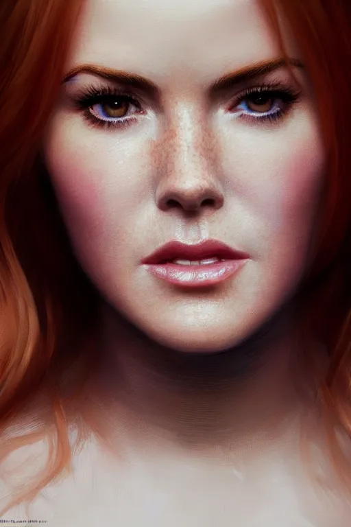 Image similar to ultra detailed close up facial portrait of isla fisher, extremely detailed digital painting, in the style of fenghua zhong and ruan jia and jeremy lipking and peter mohrbacher, mystical colors, rim light, beautiful lighting, 8 k, stunning scene, raytracing, octane, trending on artstation