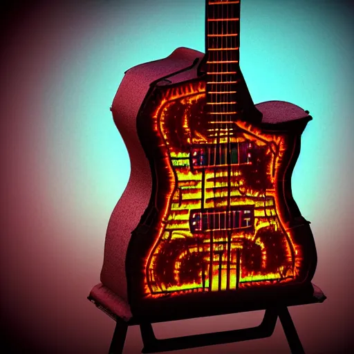 Image similar to guitar on a stand on a stage with a guitar amp, the guitar is futuristic steampunk style, textured with gears and tubes, 8 k, fluorescent colors, halluzinogenic, multicolored, exaggerated detailed, unreal engine - h 7 6 8