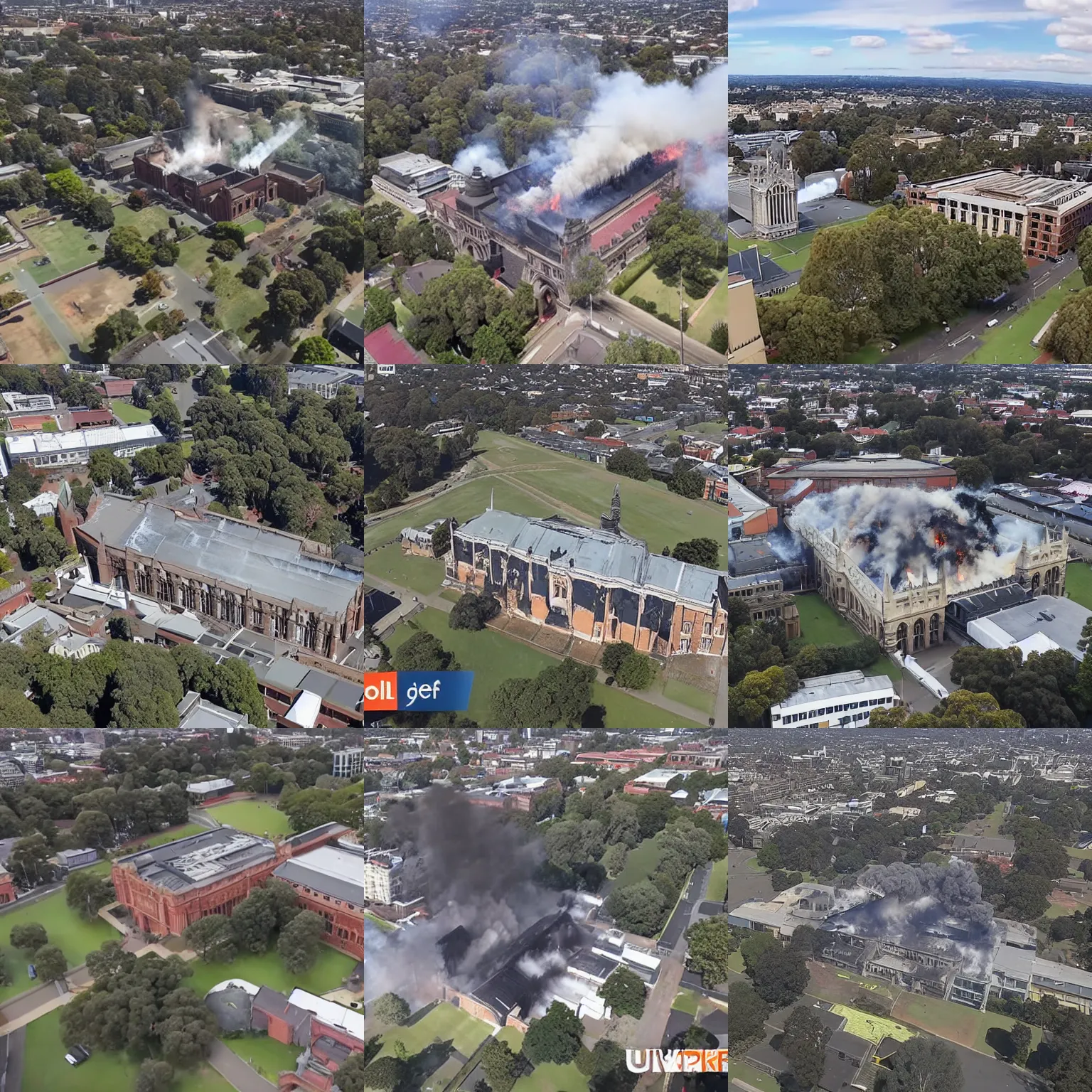 Prompt: the university of melbourne parkville burning down, aerial drone footage