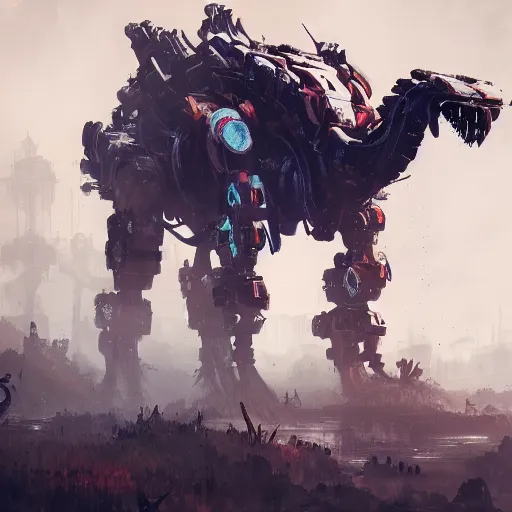 Image similar to machine beast, by Ismail Inceoglu, horizon zero dawn, mechanical, detailed, complex, brushstrokes, monster, creature, illustration, concept art, 4K