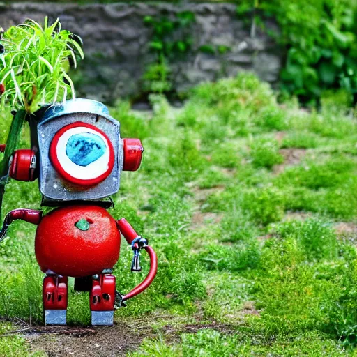 Prompt: photo of a cute robot made of plants wearing tomato hat and a chive sword, made in abyss style