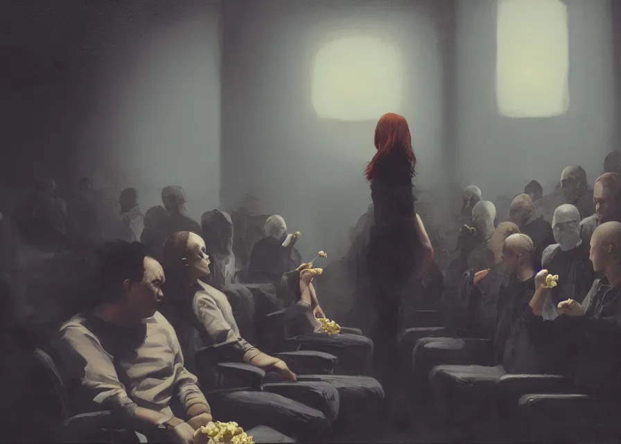 Prompt: painting of Michael Myers eating popcorn sitting in a row of movie theater seats with other people, sharp focus, face focused, trending on ArtStation, masterpiece, by Greg Rutkowski, by Ross Tran, by Fenghua Zhong, octane, soft render, oil on canvas, moody lighting, high contrast, dark room, cinematic, professional environmental concept art