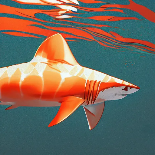 Prompt: great white shark, orange and white striped traffic cones as fins, underwater background detailed atmospheric - ron cheng & alphonse mucha, highly detailed, digital painting, ray tracing, concept art, illustration, smooth sharp focus, intricate, symmetry, artstation,