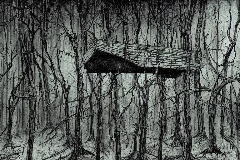 Image similar to mad horror painting of a futuristic alien witch house from another dimension in the woods by ben templesmith