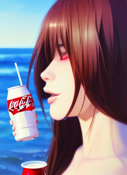 Image similar to full body picture of a extremely beautiful and attractive and cute and aesthetic girl drinking a coke, highly detailed face, very thirsty, dripping on the body, sharp focus, shiny day on the beach, specular reflection, occlusion shadow, trending on artstation, epic light novel cover art, art by ilya kuvshinov and sakimichan and jeremy lipking