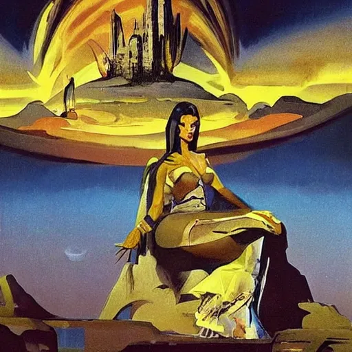 Image similar to an oil painting of a queen in a thierry mugler dress sitting on a throne, by bruce pennington, by ( ( ( eyvind earle ) ) ), nicholas roerich!!, by frank frazetta, by georgia o keeffe, by dean cornwell!!!, eerie, ominous, baghdad, oriental