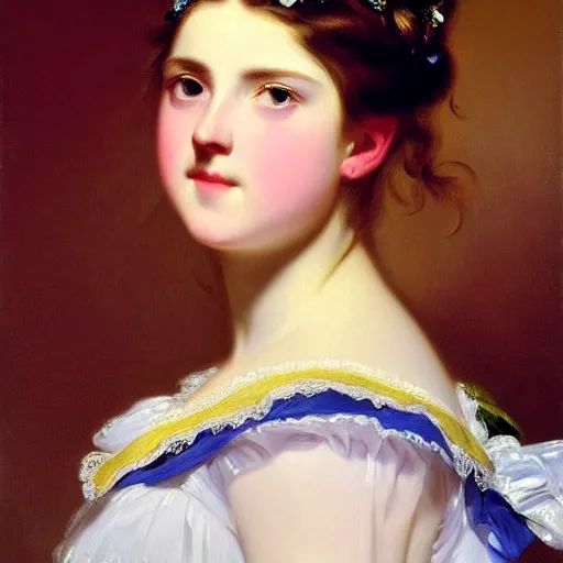 Image similar to portrait of a german teenage princess, circa 1 8 5 0 by franz xaver winterhalter, highly detailed, beautiful, oil on canvas, 1 8 5 0 s, romanticism