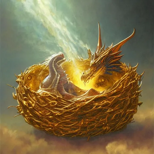 Prompt: long shot of a dragon nesting in a golden metal nest, by esao andrews, by m. w. kaluta, harmonic composition, volumetric light, fresh colors, ultra humorous oil painting, realistic reflections, floral background, smooth, concept art, depth perception, high depth of field, 4 k, unreal engine 5, ultradetailed, hyperrealistic, trending on artstation