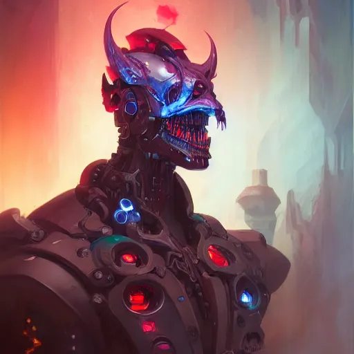 Image similar to a portrait of a demonic cybernetic duke of hell, cyberpunk concept art by pete mohrbacher and wlop and artgerm and josan gonzales, digital art, highly detailed, intricate, sci-fi, sharp focus, Trending on Artstation HQ, deviantart, unreal engine 5, 4K UHD image