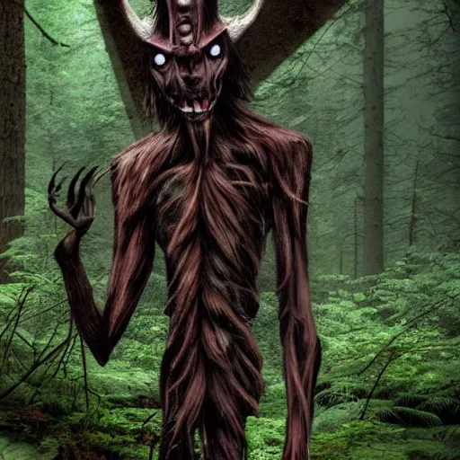 Prompt: a wendigo creature in the forest, found footage, eerie