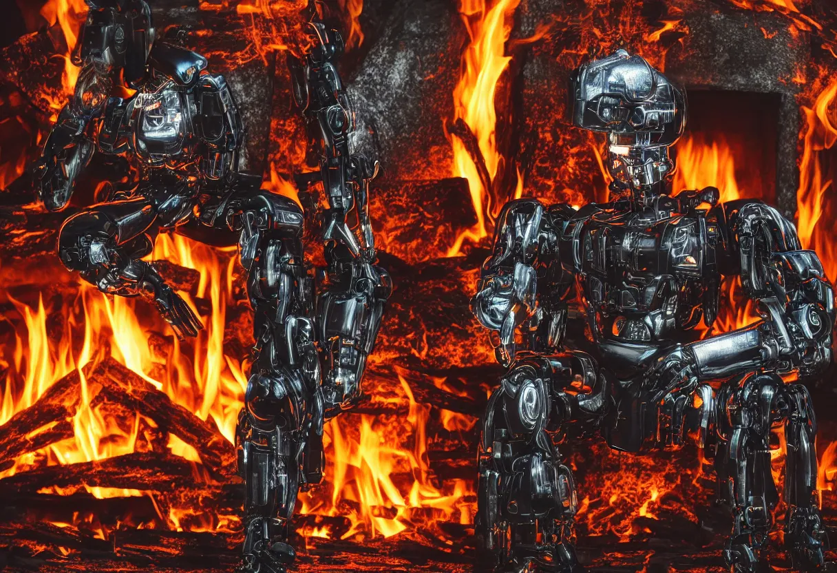 Image similar to An intimate closeup portrait photograph of one menacing cybertronic robot sitting on a frayed recliner in front of a single beautiful fireplace with a cozy fire