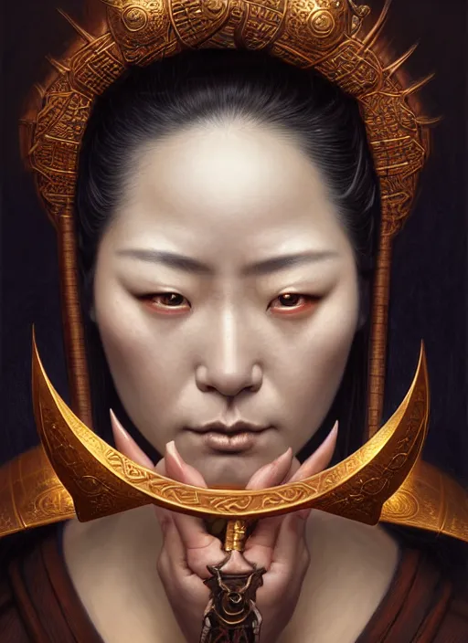 Prompt: portrait shot of a female samurai holding a sword next to her face, intricate, elegant, highly detailed, centered, digital painting, artstation, concept art, smooth, sharp focus, illustration, artgerm, tomasz alen kopera, peter mohrbacher, donato giancola, joseph christian leyendecker, wlop, boris vallejo