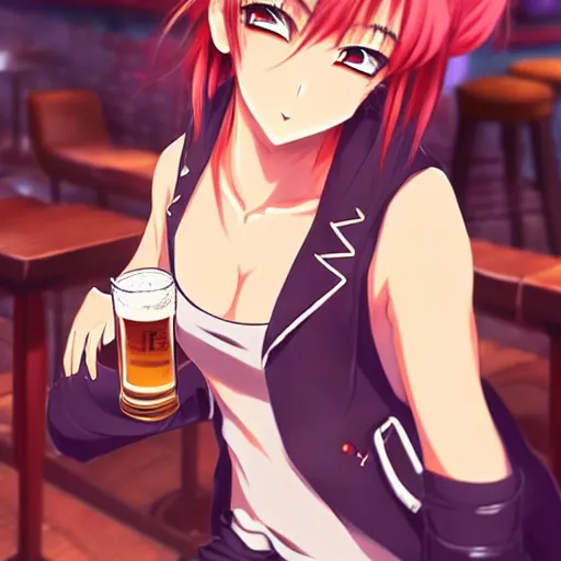 Prompt: Masculine looking anime girl at a bar drinking a beer, warm glow from the lights, angle that looks up at her from below, deviantart, pixiv, detailed face, smug appearance, beautiful anime, obviously drunk with reddish cheeks, detailed anime eyes with pupils, in the style of Demon Slayer