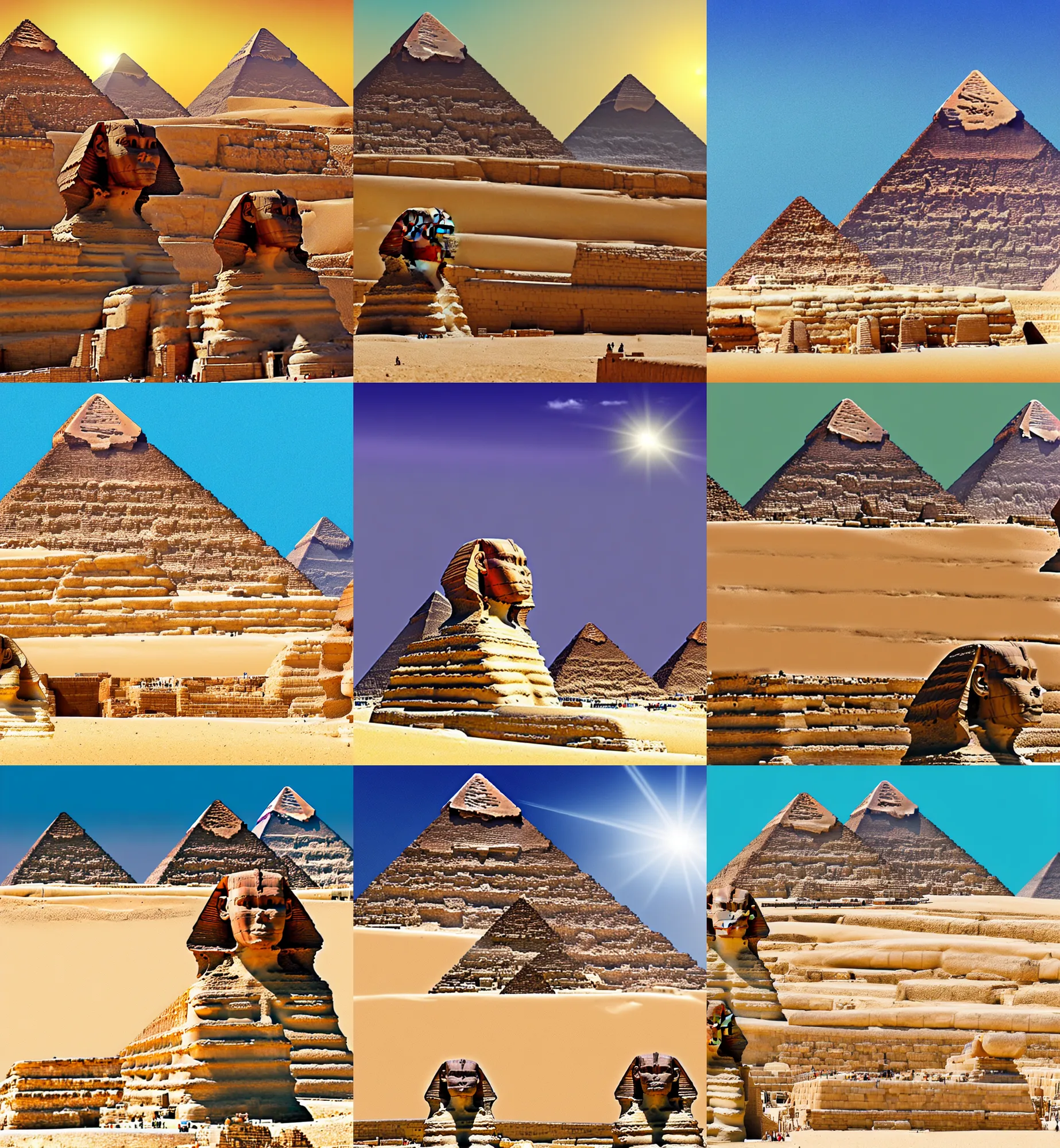 Prompt: a concept illustration of the great sphinx viewed from the front with the pyramids on the background, and light towers. good quality, good light, anatomically correct, 8 k