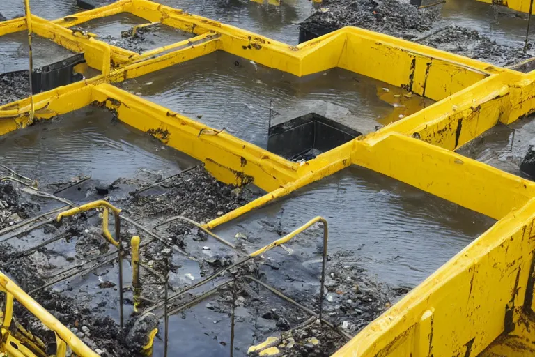 Image similar to photo of a waste facility, catwalks and yellow pools of sludge