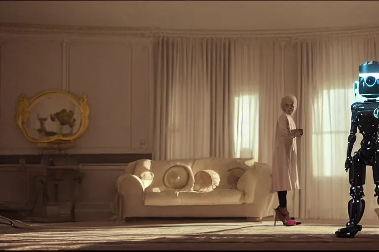 Image similar to VFX movie portrait of happy old woman stand-off with futuristic robot in a decadent living room by Emmanuel Lubezki