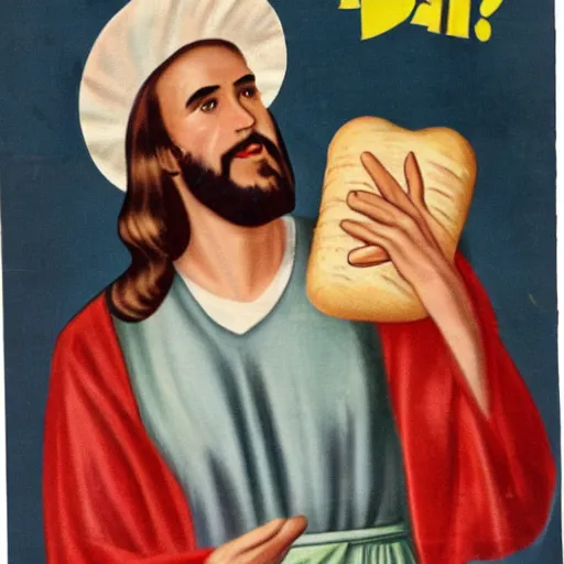 Image similar to jesus dressed as a 1 9 5 0 s advertising executive holding bread and fish