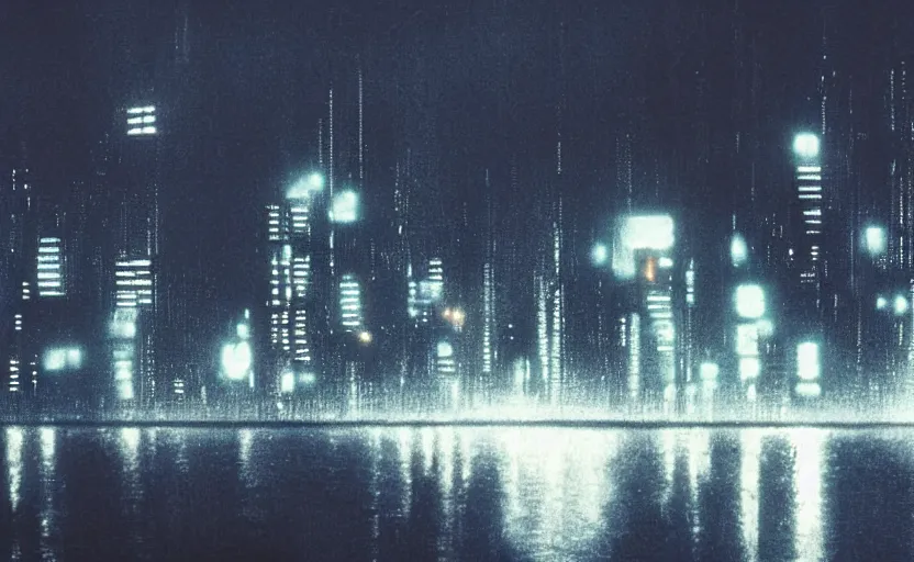Prompt: 35mm night skyline urban photographic landscape of Blade Runner 1982 city with industrial fires and smog, futuristic dystopian megacity skyline, hard rain falling, neon