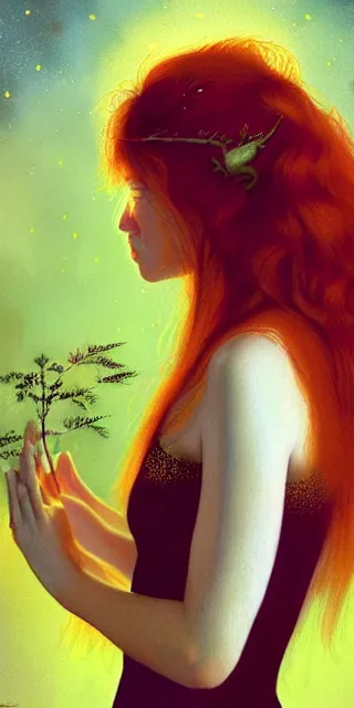 Image similar to infp young woman, smiling amazed, golden fireflies lights, amidst of nature fully dressed, long red hair, intricate linework, accurate green eyes, small nose with freckles, oval shape face, realistic, expressive emotions, dramatic lights mystical scene, hyper realistic ultrafine art by artemisia gentileschi, caravaggio, jessica rossier, boris vallejo