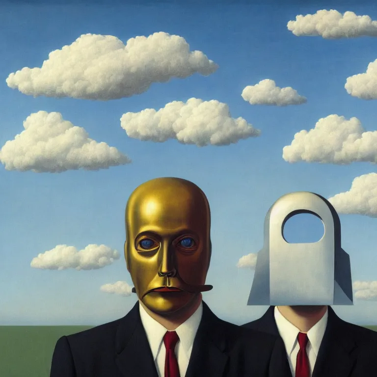 Prompt: portrait of a faceless chrome - head man in a suit, clouds in the background, by rene magritte, detailed painting, distance, centered, hd, hq, high resolution, high detail, 4 k, 8 k