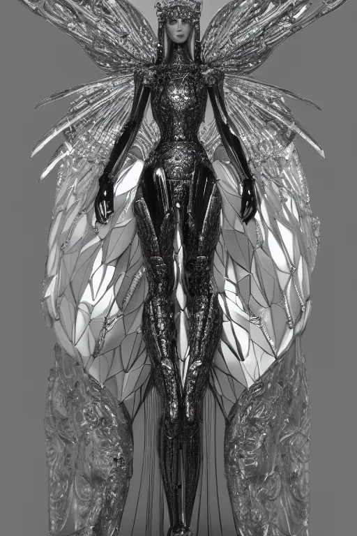 Image similar to a highly detailed 4 k render of a beautiful angel alien goddess bella hadid in iris van herpen dress armor schiaparelli in diamonds and jewelry in style of alphonse mucha trending on artstation made in unreal engine 4