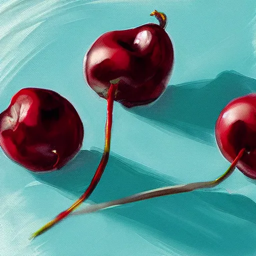 Prompt: Artstation digital art render three cherries together on a table