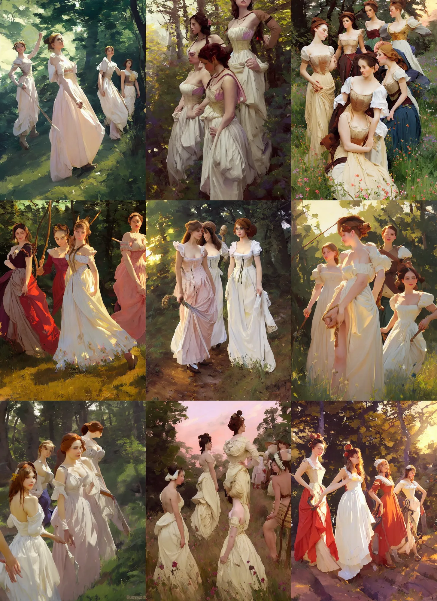 Prompt: group of beautiful ukrainian attractive glamour models wearing as village maidens in 1 7 th century bodice with low neckline walking in the woods at sunset, jodhpurs greg manchess painting by sargent and leyendecker, studio ghibli fantasy medium shot asymmetrical intricate elegant matte painting illustration hearthstone, by greg rutkowski by greg tocchini by james gilleard
