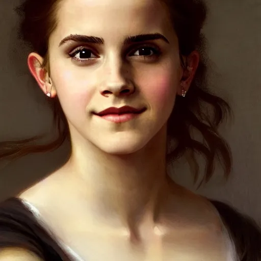 Image similar to Painting of Emma Watson as Hermione Granger. Smiling. Happy. Cheerful. Art by william adolphe bouguereau. During golden hour. Extremely detailed. Beautiful. 4K. Award winning.