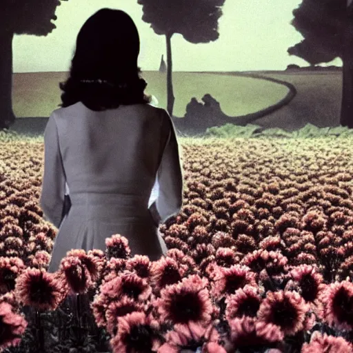 Prompt: movie still of the girl with the flowers head, cinematic composition, cinematic light, by edgar wright and david lynch, surrealist cinema