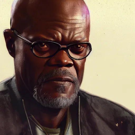 Image similar to Samuel L. Jackson as a loading screen in grand theft auto 5, intricate, highly detailed, digital painting, artstation, concept art, sharp focus, illustration, art by greg rutkowski and alphonse mucha