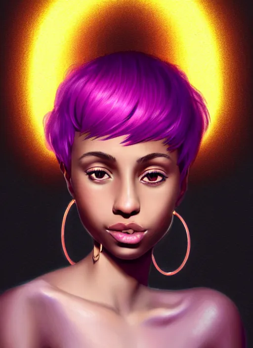 Image similar to portrait of teenage vanessa morgan with bright pink hair, black girl, curly pixie cut hair, wearing a purple breton cap, breton cap, hoop earrings, intricate, elegant, glowing lights, highly detailed, digital painting, artstation, concept art, smooth, sharp focus, illustration, art by wlop, mars ravelo and greg rutkowski