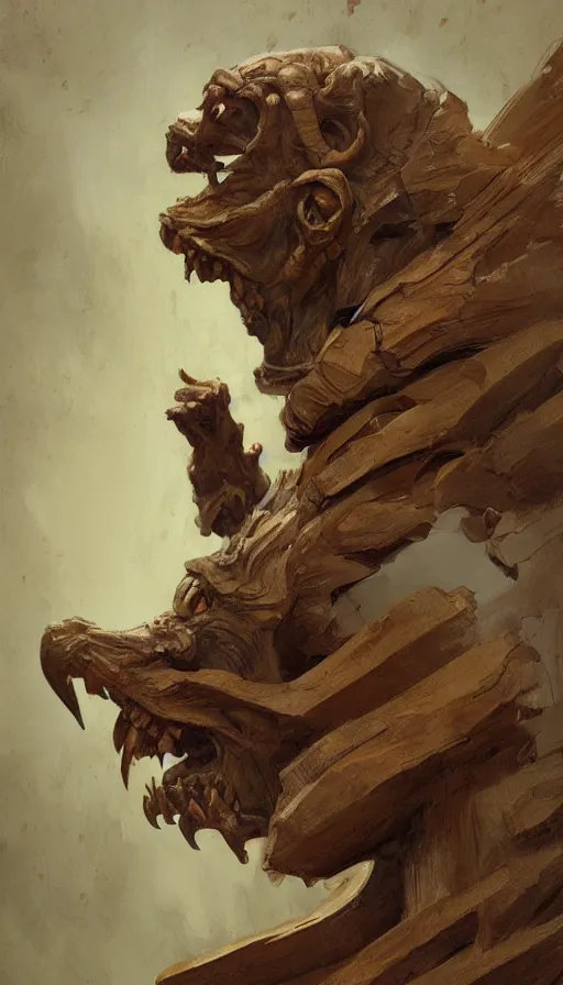 Image similar to wooden gargoyle profiles, paint texture, digital painting, highly detailed, artstation, sharp focus, sunlit, painted by ruan jia, raymond swanland, lawrence alma tadema, zdzislaw beksinski, norman rockwell, jack kirby, tom lovell, alex malveda, greg staples