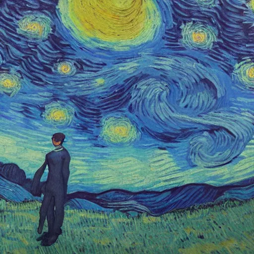 Prompt: “ mysterious being walking on the moon, van gogh style painting ”