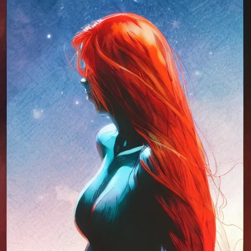 Image similar to a beautiful comic artwork by Jerome Opeña of a woman with red hair near a lake at night, featured on artstation