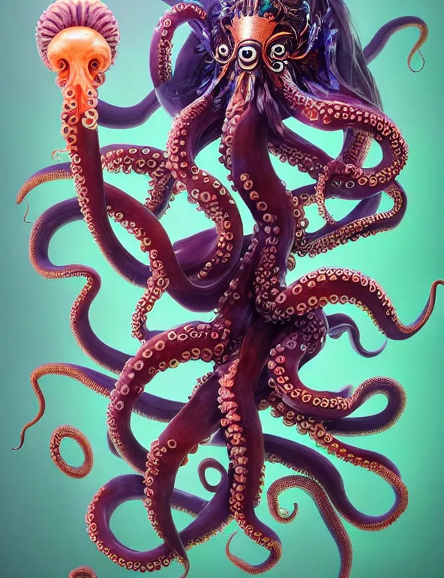 Image similar to 3 d goddess octopus half - turn portrait with long hair with ram skull. beautiful intricately detailed japanese crow kitsune mask and clasical japanese kimono. betta fish, jellyfish phoenix, bio luminescent, plasma, ice, water, wind, creature, artwork by tooth wu and wlop and beeple and greg rutkowski