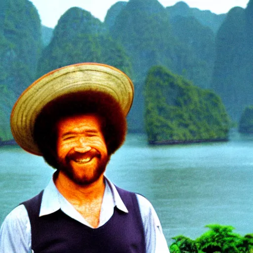 Prompt: Bob Ross in Vietnam, photograph, film,
