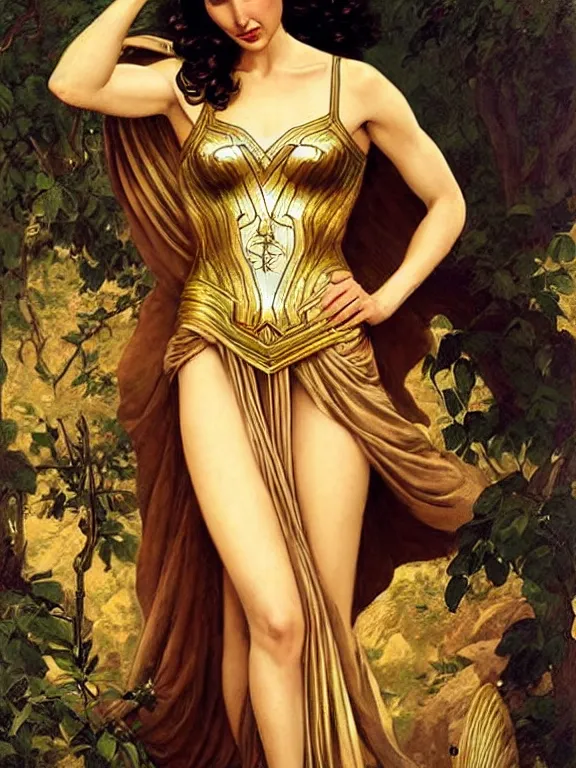 Image similar to Gal gadot as the magic Greek goddess Circe, a beautiful art nouveau portrait by Gil elvgren, moonlit Mediterranean environment, centered composition, defined features, golden ratio, intricate gold jewlery