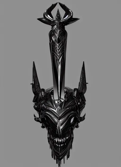 Image similar to a black long sword skull crest, orthographic, ornament, weapon, a 3 d render by dom qwek, front side full, trending on polycount, artstation, hard surface modeling, rendered in maya, zbrush, blender, hd, vray, berserk first person view, symmetry