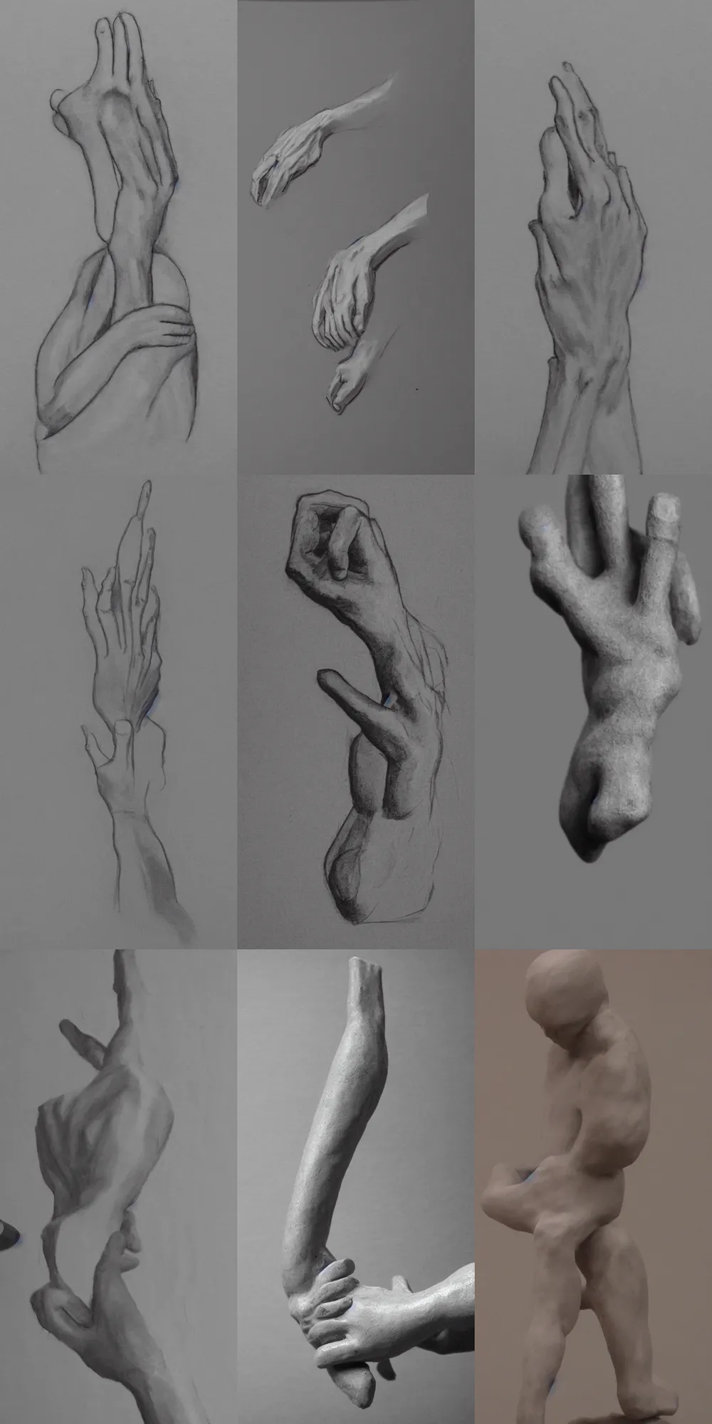 Prompt: clay life drawing model with a significant focus on the hands