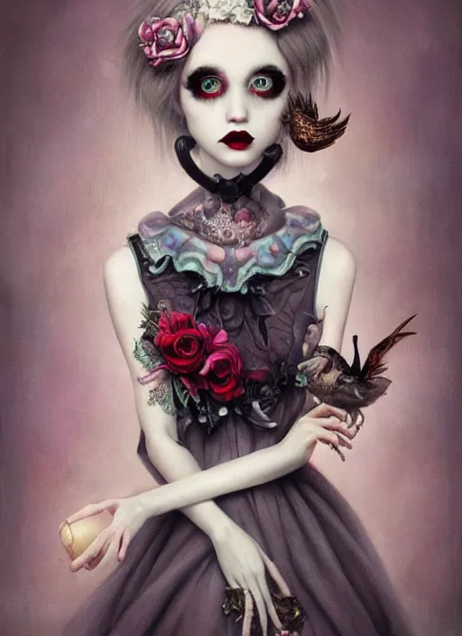 Image similar to pop surrealism, lowbrow art, realistic cute alice dress painting, japanese street fashion, hyper realism, muted colours, rococo, natalie shau, loreta lux, tom bagshaw, mark ryden, trevor brown style,