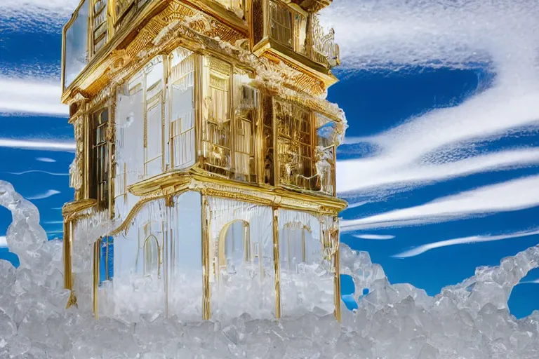 Image similar to close-up shot of modern chic futuristic royalty house with gold intricate details, luxury, white and little royal blue Italian architecture theme, high-end party with beautiful women wearing fancy dresses, lush garden, constructed upon Salar De Uyuni, beautiful formations on the surface of salt crystallization, between sedimentary deposits, bubbling geysers, marvellous reflection, intricate, interstellar night, dark, luxurious, digital painting, concept art, smooth, sharp focus, from Star Trek 2021, illustration, by WLOP and Ruan Jia and Mandy Jurgens and William-Adolphe Bouguereau, Artgerm