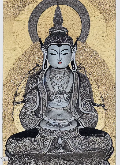 Image similar to detailed pen and ink illustration of a Buddhist bodhisattva with a bears head, seated in royal ease, 0.2 black micron pen on white paper, gilded gold halo behind head, highly detailed, fine pen work, white background, in the style of Olivia Kemp