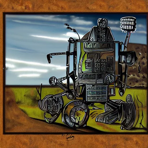 Prompt: robot machinary working a farm by david jefferis