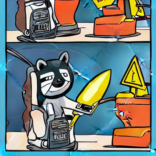 Prompt: a raccoon janitor messing with the controls on a spaceship, fantasy illustration cartoon