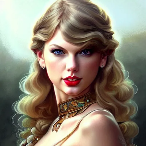 Image similar to Taylor Swift closeup, D&D style, fantasy, intricate, elegant, highly detailed, digital painting, artstation, concept art, matte, sharp focus, illustration, art by Artgerm and Greg Rutkowski and Alphonse Mucha