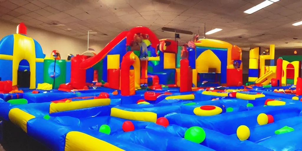 Image similar to a darkly lit indoor playplace bounce house photo taken with a deposable camera, limital space